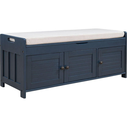 Storage Bench with 3 Shutter-shaped Doors, Shoe Bench with Removable Cushion and Hidden Storage Space (Antique Navy