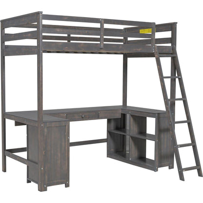 Twin Size Loft Bed with U-shaped Desk, Drawers and Storage Shelves, Antique Brown