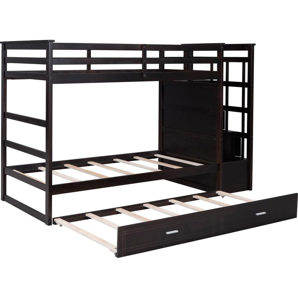 Twin Over Twin Bunk Bed with Trundle and Staircase,Espresso