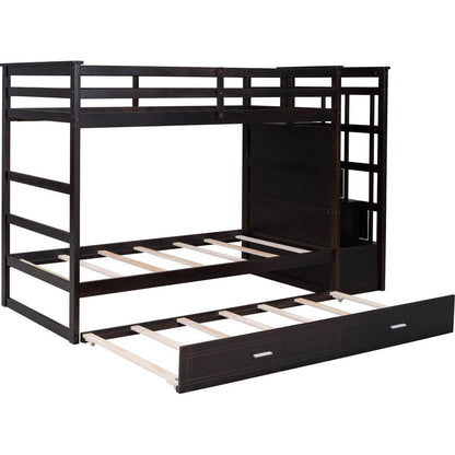 Twin Over Twin Bunk Bed with Trundle and Staircase,Espresso