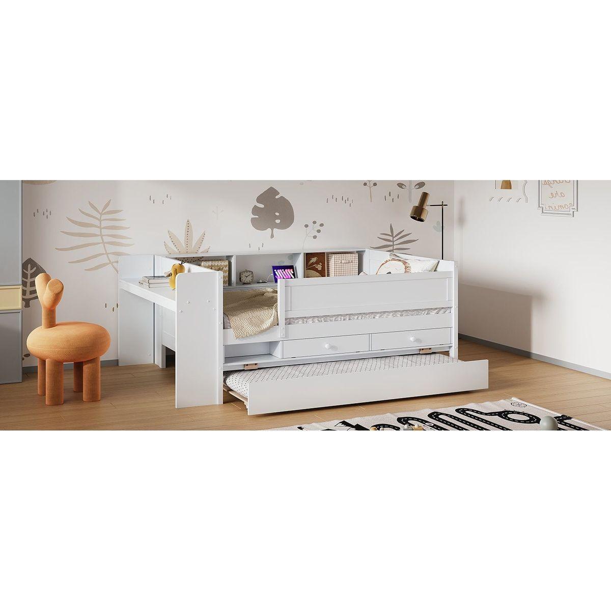 Multi-Functional Twin Daybed with Drawers and Trundle, Headboard Storage and Tables, USB Charging Station, White