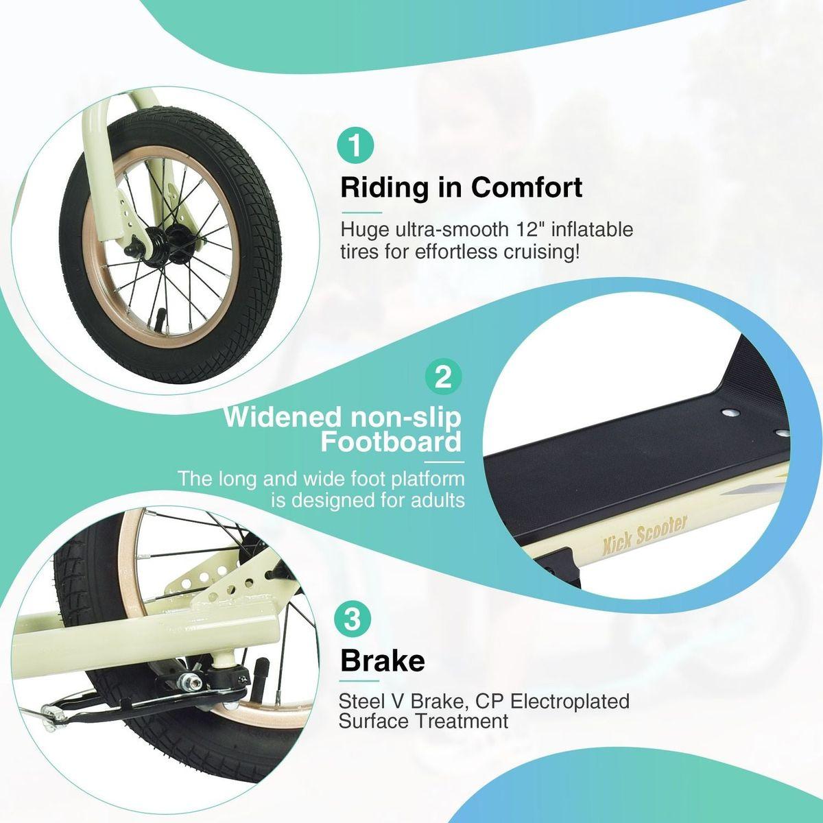 Youth Scooter Kick Scooter for Kids 6+ with Adjustable Handlebar, 12 Inch Inflatable Wheels, Widened non-slip Footboard