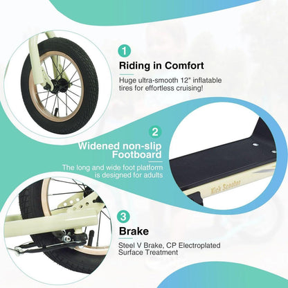 Youth Scooter Kick Scooter for Kids 6+ with Adjustable Handlebar, 12 Inch Inflatable Wheels, Widened non-slip Footboard