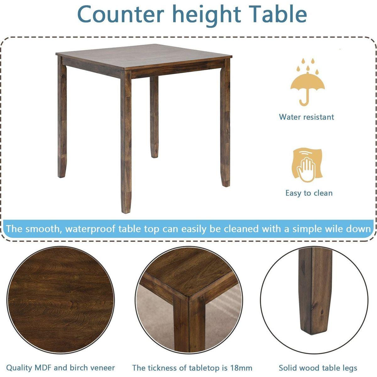 5 Piece Dining Table Set, Wooden Dining Square Table Set for 4, Counter Height Kitchen Table Set with Square Table and 4 Upholstered Chairs for Small Space, Walnut