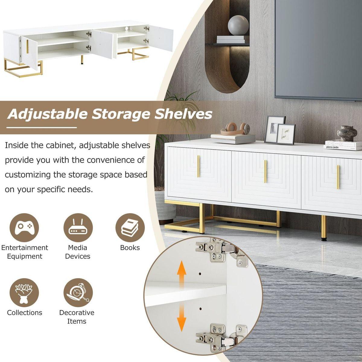 Modern TV Stand with Metal Legs and Gold Handles for TVs Up to 80", Media Console Table with Cabinets and Adjustable Shelves, Luxury TV Cabinet with Geometric Lines for Living Room, White