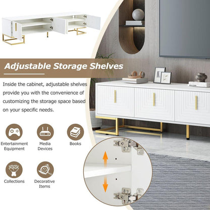 Modern TV Stand with Metal Legs and Gold Handles for TVs Up to 80", Media Console Table with Cabinets and Adjustable Shelves, Luxury TV Cabinet with Geometric Lines for Living Room, White
