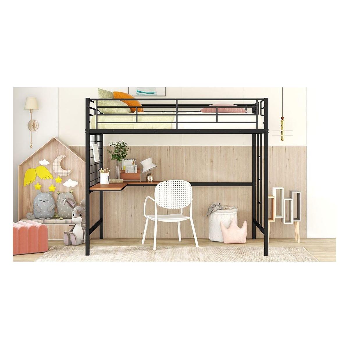 Full Metal Loft Bed with Desk and Metal Grid, Black