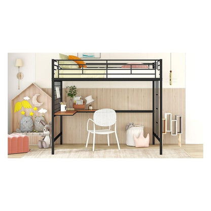 Full Metal Loft Bed with Desk and Metal Grid, Black