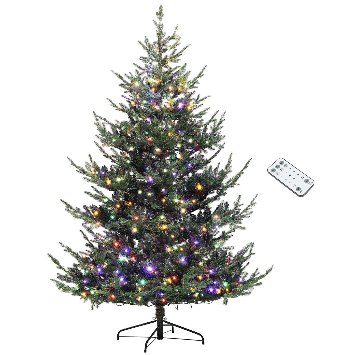 HOMCOM 7.5 ft Prelit Christmas Tree, Nordic Pine Artificial Christmas Tree with 300 Dual Color LED Lights and 1218 Branch Tips, Hinged Xmas Tree with Wide Base for Holiday Party, Green