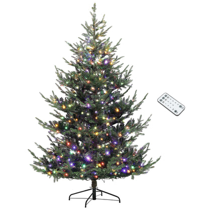 HOMCOM 7.5 ft Prelit Christmas Tree, Nordic Pine Artificial Christmas Tree with 300 Dual Color LED Lights and 1218 Branch Tips, Hinged Xmas Tree with Wide Base for Holiday Party, Green