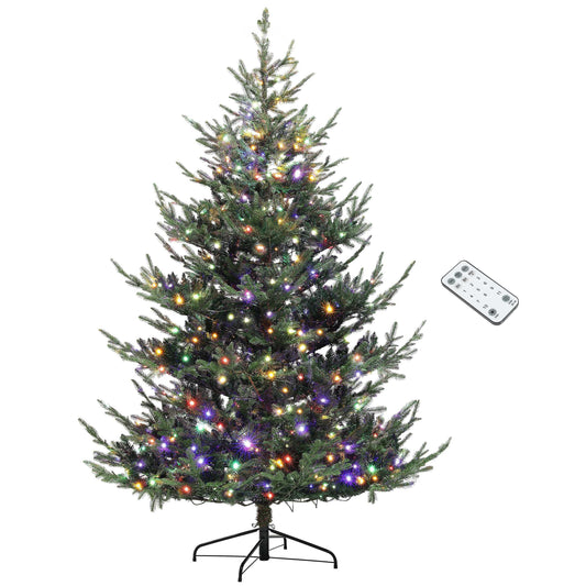 HOMCOM 7.5 ft Prelit Christmas Tree, Nordic Pine Artificial Christmas Tree with 300 Dual Color LED Lights and 1218 Branch Tips, Hinged Xmas Tree with Wide Base for Holiday Party, Green