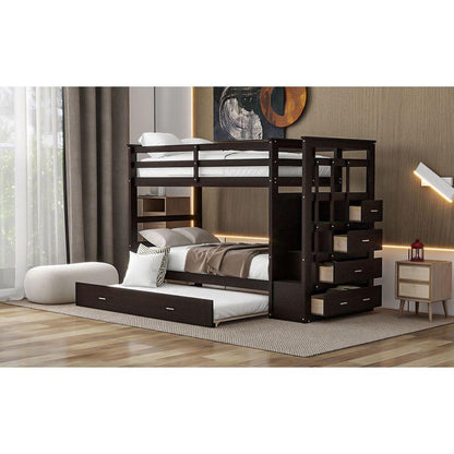 Twin Over Twin Bunk Bed with Trundle and Staircase,Espresso