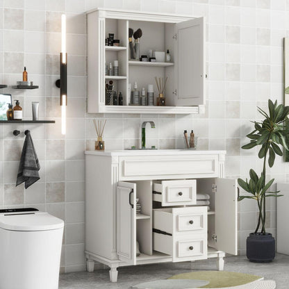 36" Bathroom Vanity with Top Sink, White Mirror Cabinet, Modern Bathroom Storage Cabinet with 2 Soft Closing Doors and 2 Drawers, Single Sink Bathroom Vanity