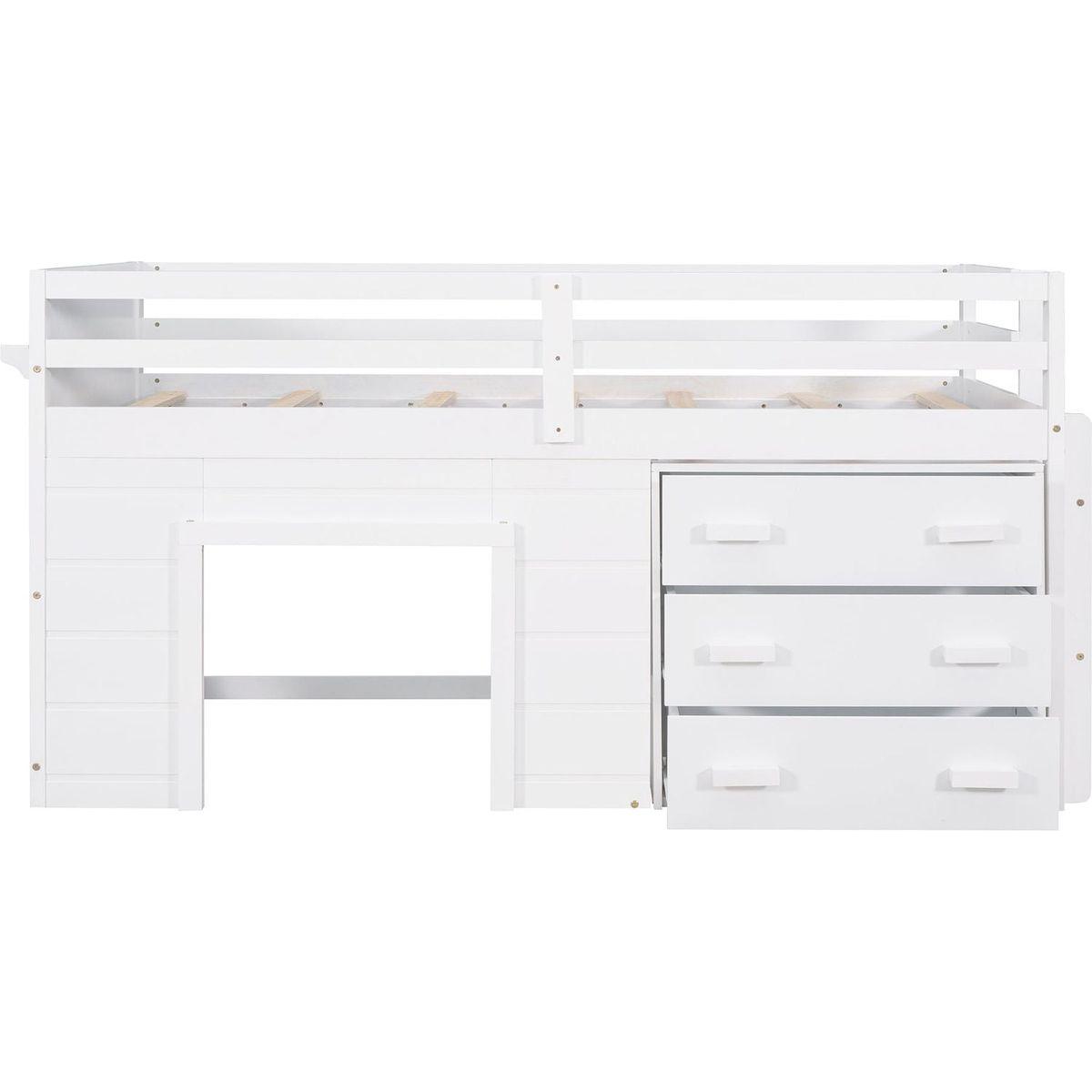 Twin Size Loft Bed with Cabinet and Shelf - White