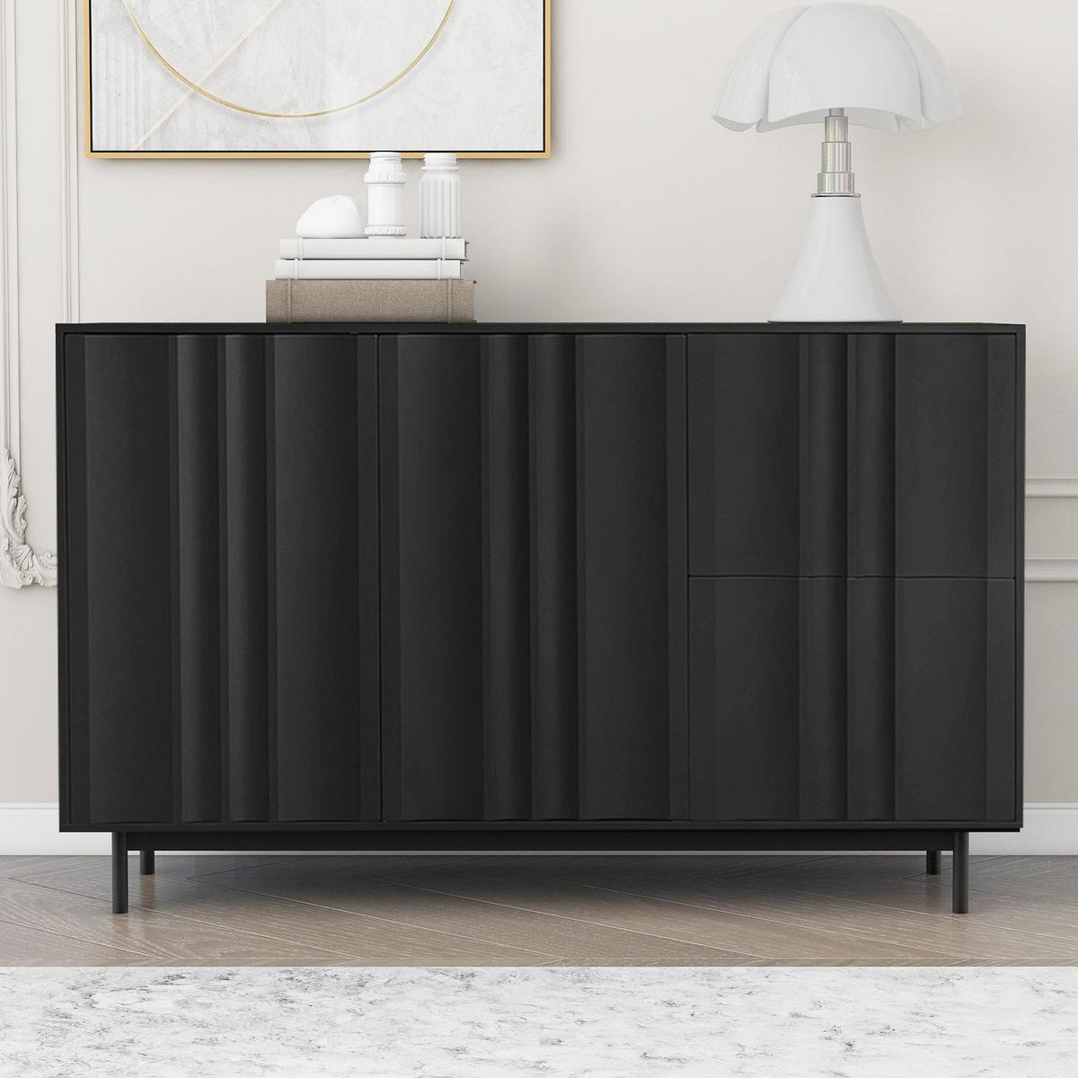 Wave Pattern Storage Cabinet with 2 Doors and 2 Drawers, Adjustable, Suitable for Study,Entrance and Living Room