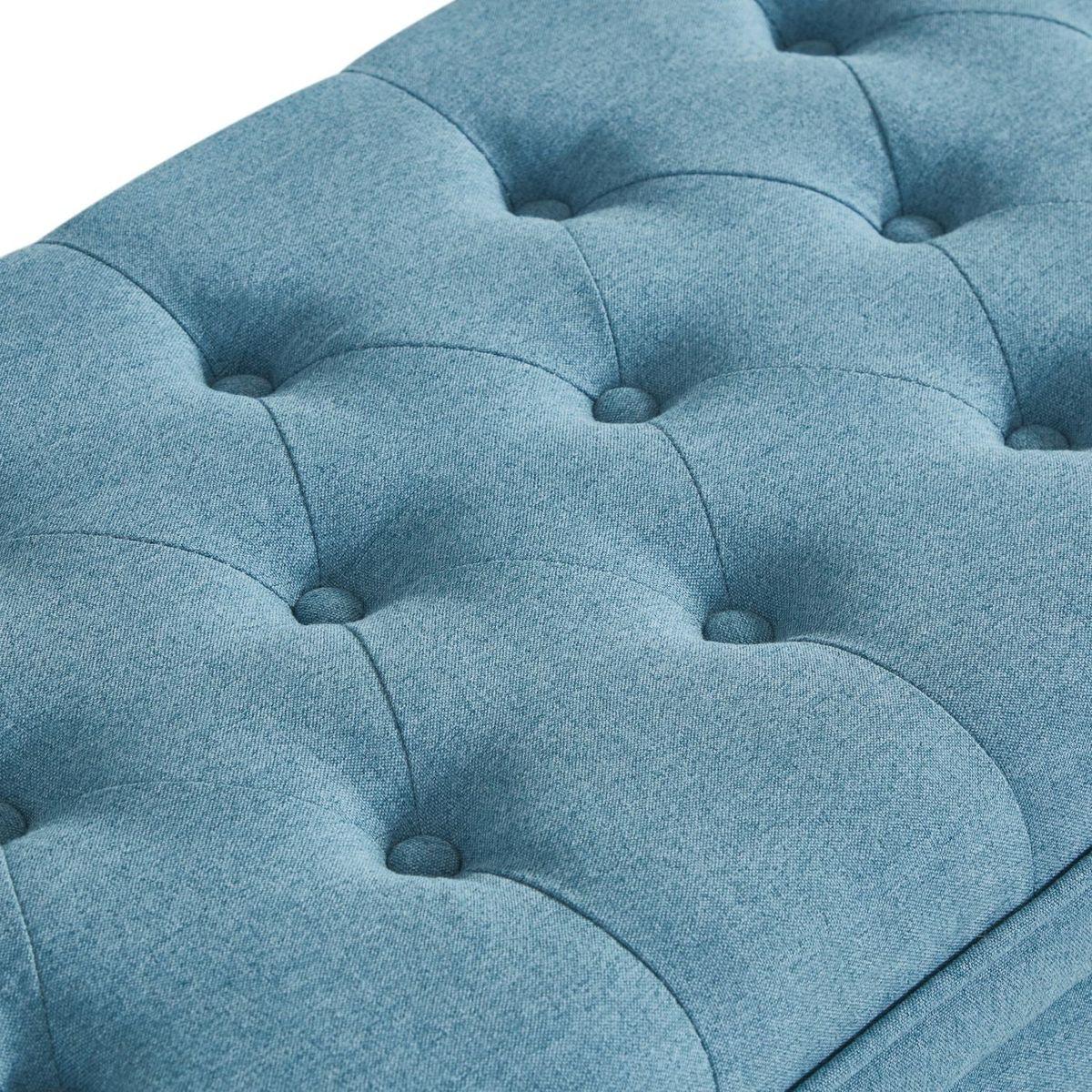 Upholstered tufted button storage bench, Linen fabric entry bench with spindle wooden legs, Bed bench- Light Blue
