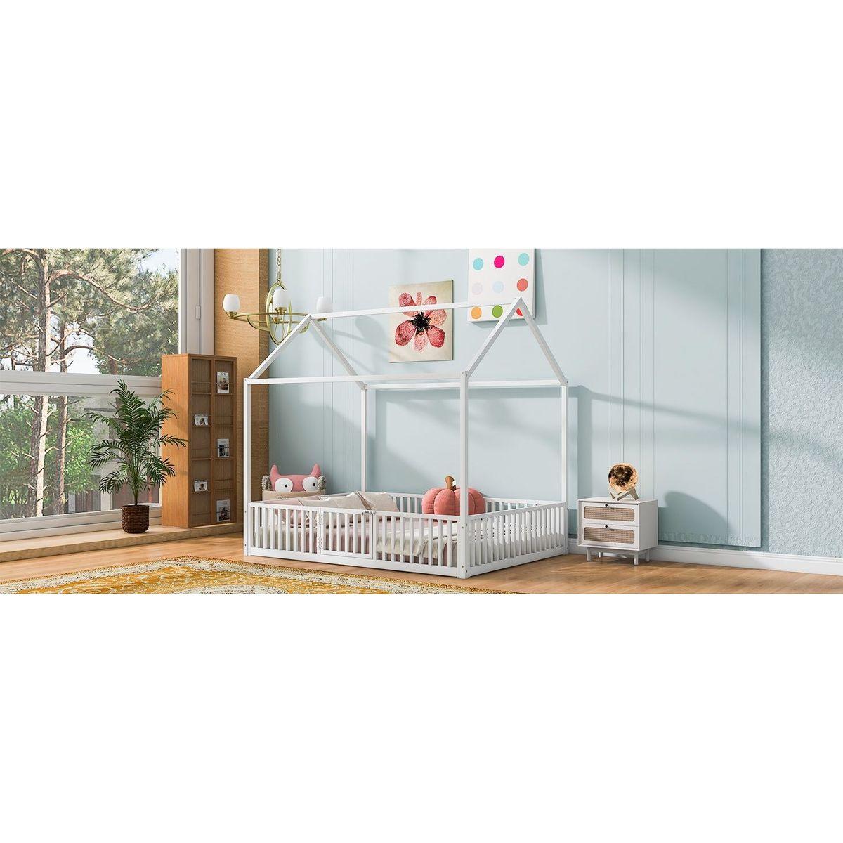 Full Size Metal House Bed with Fence and Door, White