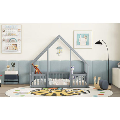 Twin Wood House-Shaped Floor Bed with Fence, Guardrails, Grey