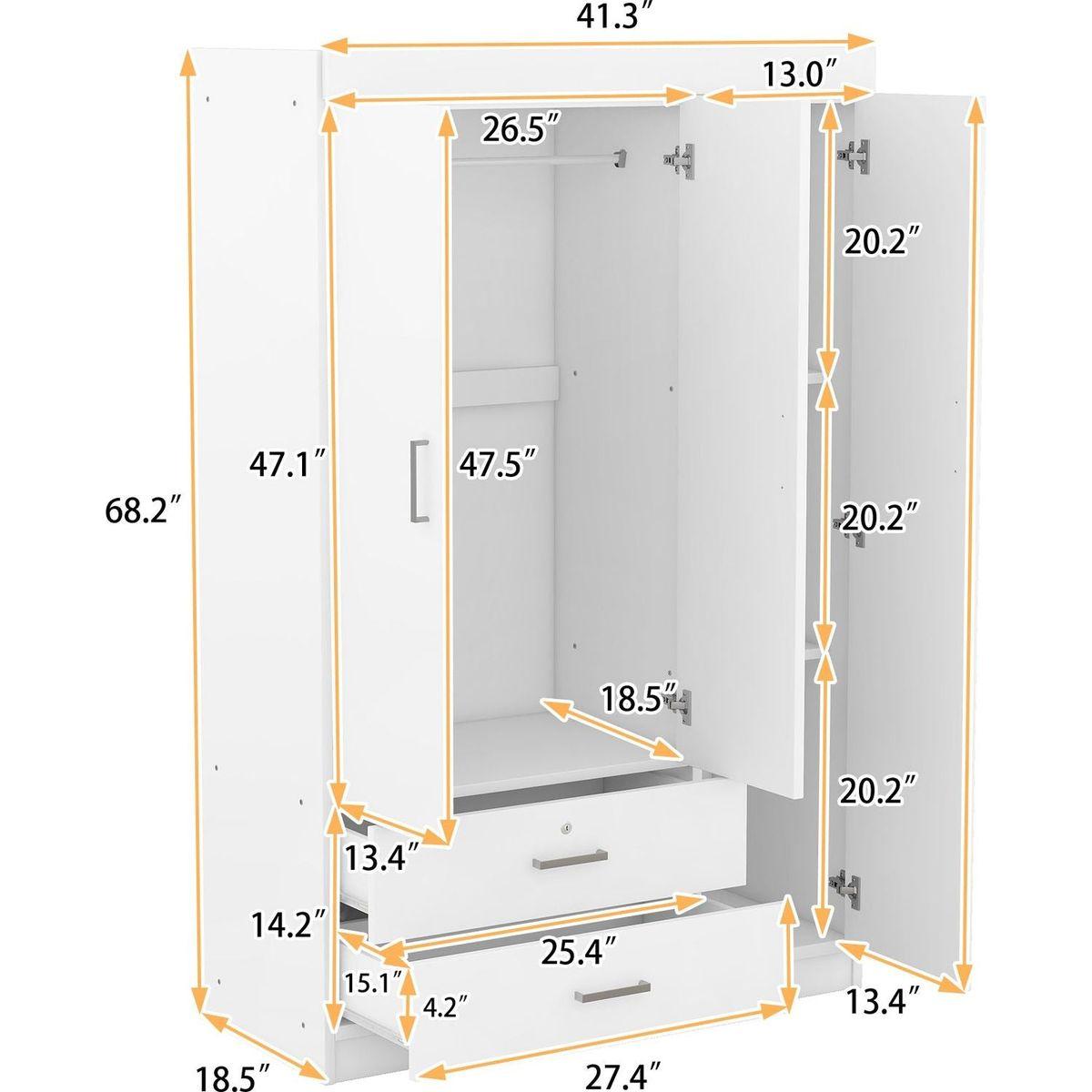3-Door Wardrobe with 2 Drawers, White