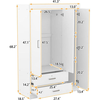 3-Door Wardrobe with 2 Drawers, White
