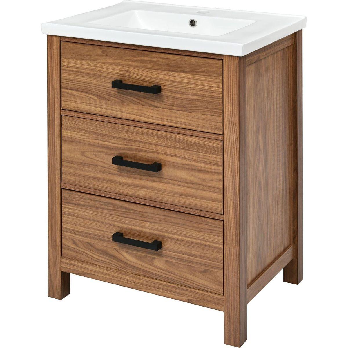 24" Bathroom Vanity with Ceramic Basin Sink, Modern Bathroom Storage Cabinet with 3 Drawers, Freestanding Bathroom Vanity Cabinet with Single Sink