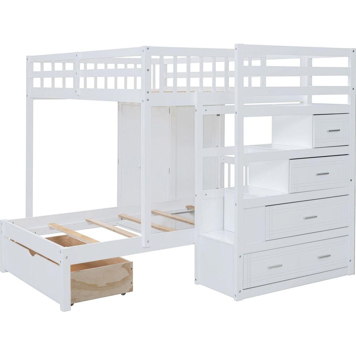 Full Over Twin Bunk Bed with Wardrobe, Drawers, White