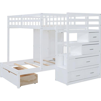 Full Over Twin Bunk Bed with Wardrobe, Drawers, White