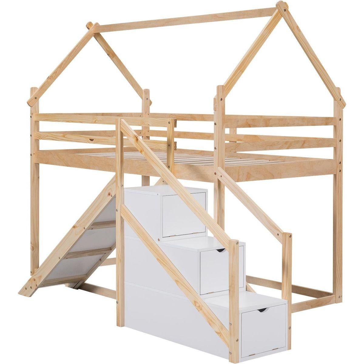 Twin over Twin House Loft or Bunk Bed with Slide and Staircase, Natural