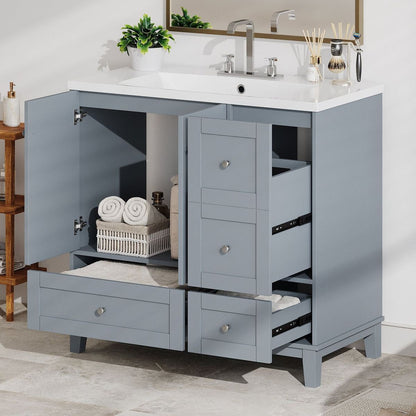 36 Inch Modern Bathroom Vanity with USB Charging, Two Doors and Three Drawers Bathroom Storage Vanity Cabinet with single top, Small Bathroom Vanity cabinet with sink, White & Gray Blue - Faucets Not