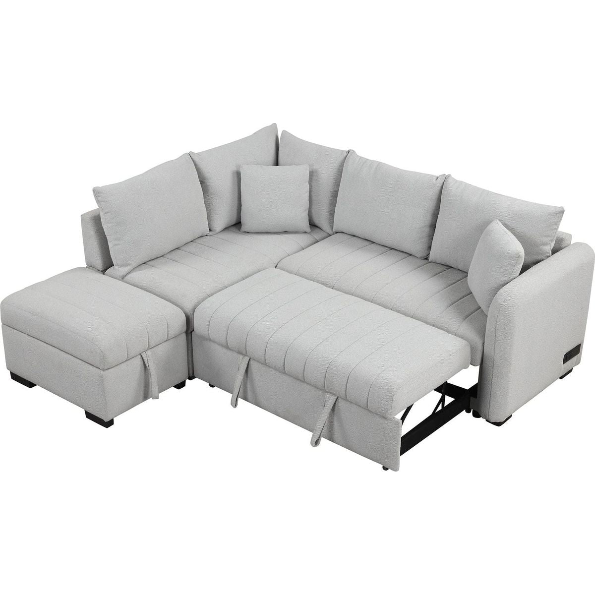 82.6" L-shaped Sectional Pull Out Sofa Bed Sleeper Sofa with Two USB Ports, Two Power Sockets and a Movable Storage Ottoman, Gray