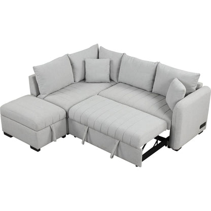 82.6" L-shaped Sectional Pull Out Sofa Bed Sleeper Sofa with Two USB Ports, Two Power Sockets and a Movable Storage Ottoman, Gray