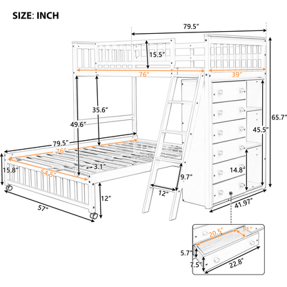 Wooden Twin Over Full Bunk Bed With Six Drawers And Flexible Shelves,Bottom Bed With Wheels,Gray