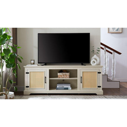 Farmhouse Rattan TV Stand Console Table for TVs up to 70 Inches, TV Console Table with 2 Storage Shelves, 2 Natural Rattan Door Cabinets,65"Wx15.55"Dx23.86"H, White