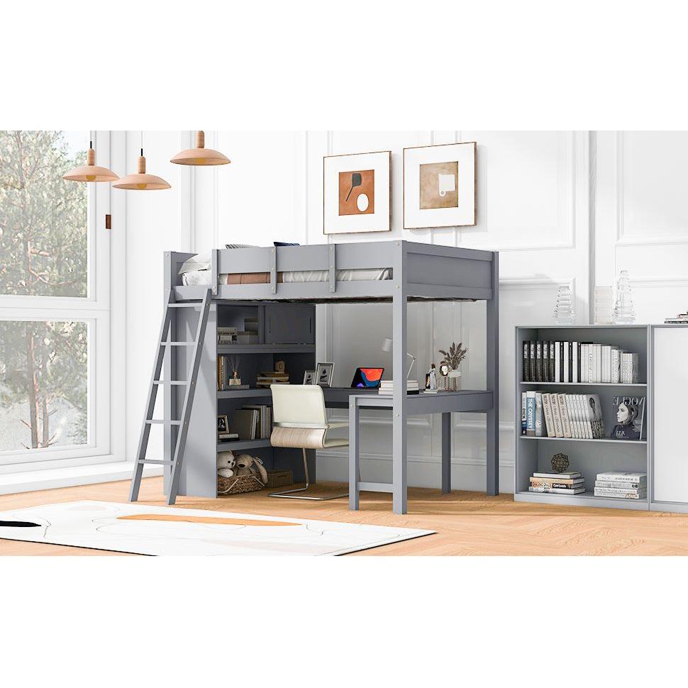 Full Size Loft Bed with Desk and Shelf - Gray