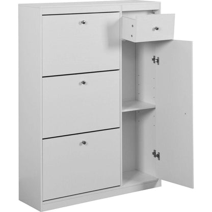 Shoe Cabinet,Freestanding Tipping Bucket Shoe Rack Organizer with 3 Flip Drawers,Entryway Narrow Shoe Storage with Adjustable Storage Shelf,Modern Slim Hidden Shoe Cabinet, White