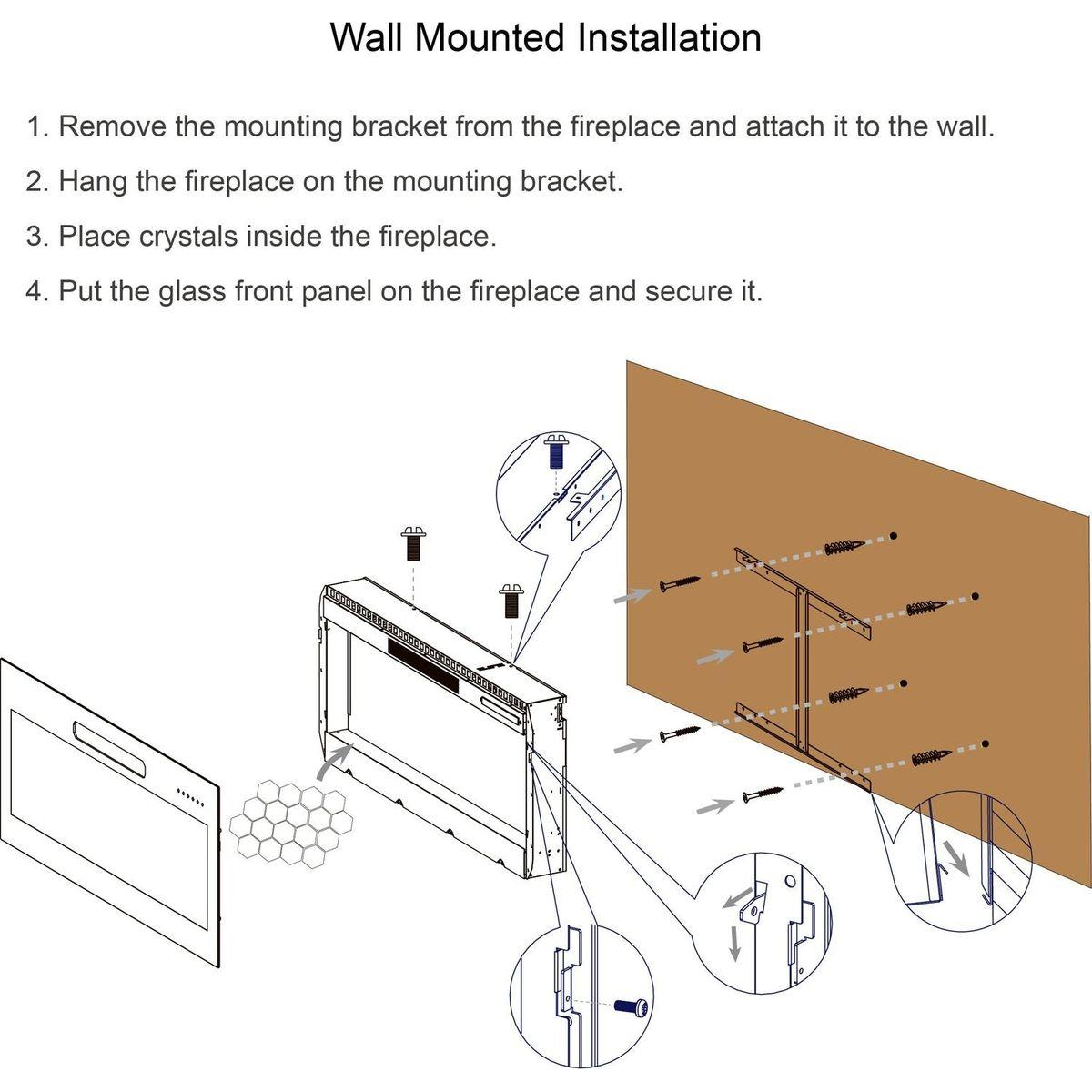 42 inch recessed ultra thin tempered glass front wall mounted electric fireplace with remote and multi color flame & emberbed, LED light heater