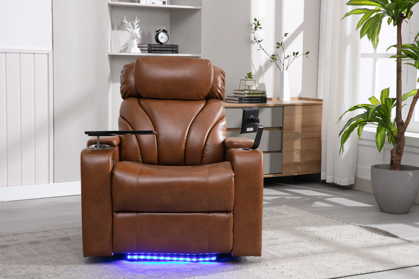 Power Motion Recliner with USB Charging Port and Hidden Arm Storage, Home Theater Seating with Convenient Cup Holder Design, and stereo(Light Brown)