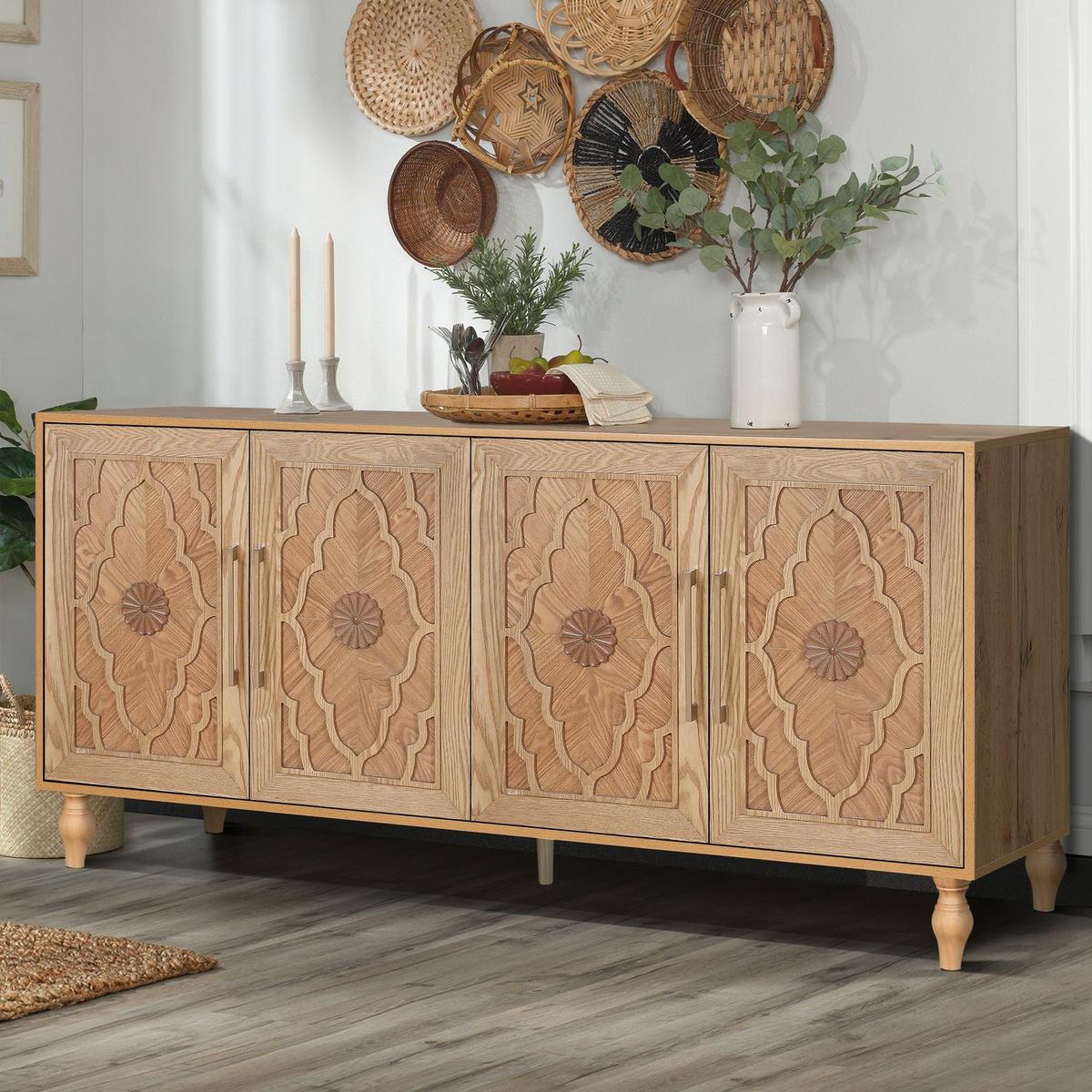 Carved Flower Door Large Storage Cabinet With Metal Handle Suitable For Living Room, Kitchen, Entryway(NATURAL WOOD) - Streamdale Furniture