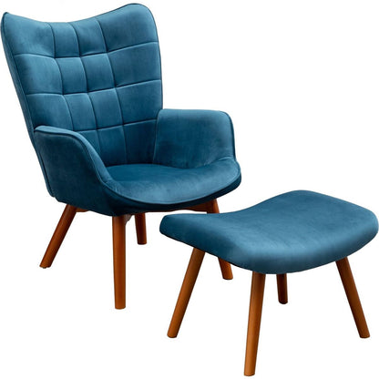 Leiria Contemporary Silky Velvet Tufted Accent Chair with Ottoman, Blue