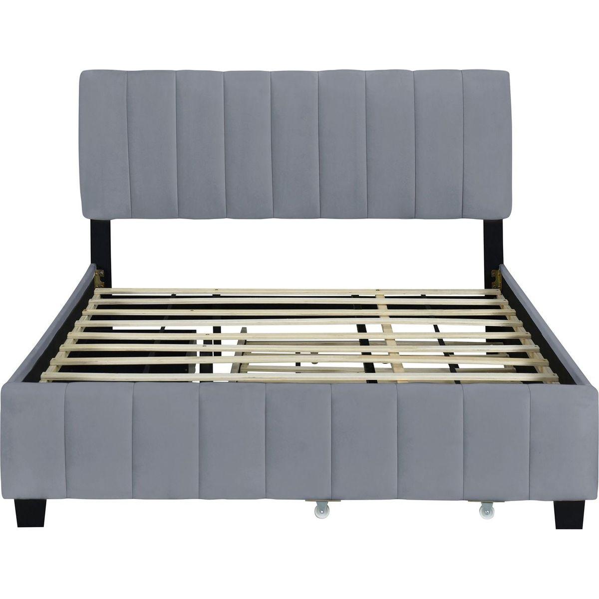Queen Size Velvet Upholstered Platform Bed with 2 Drawers and 1 Twin XL Trundle- Gray - Streamdale Furniture