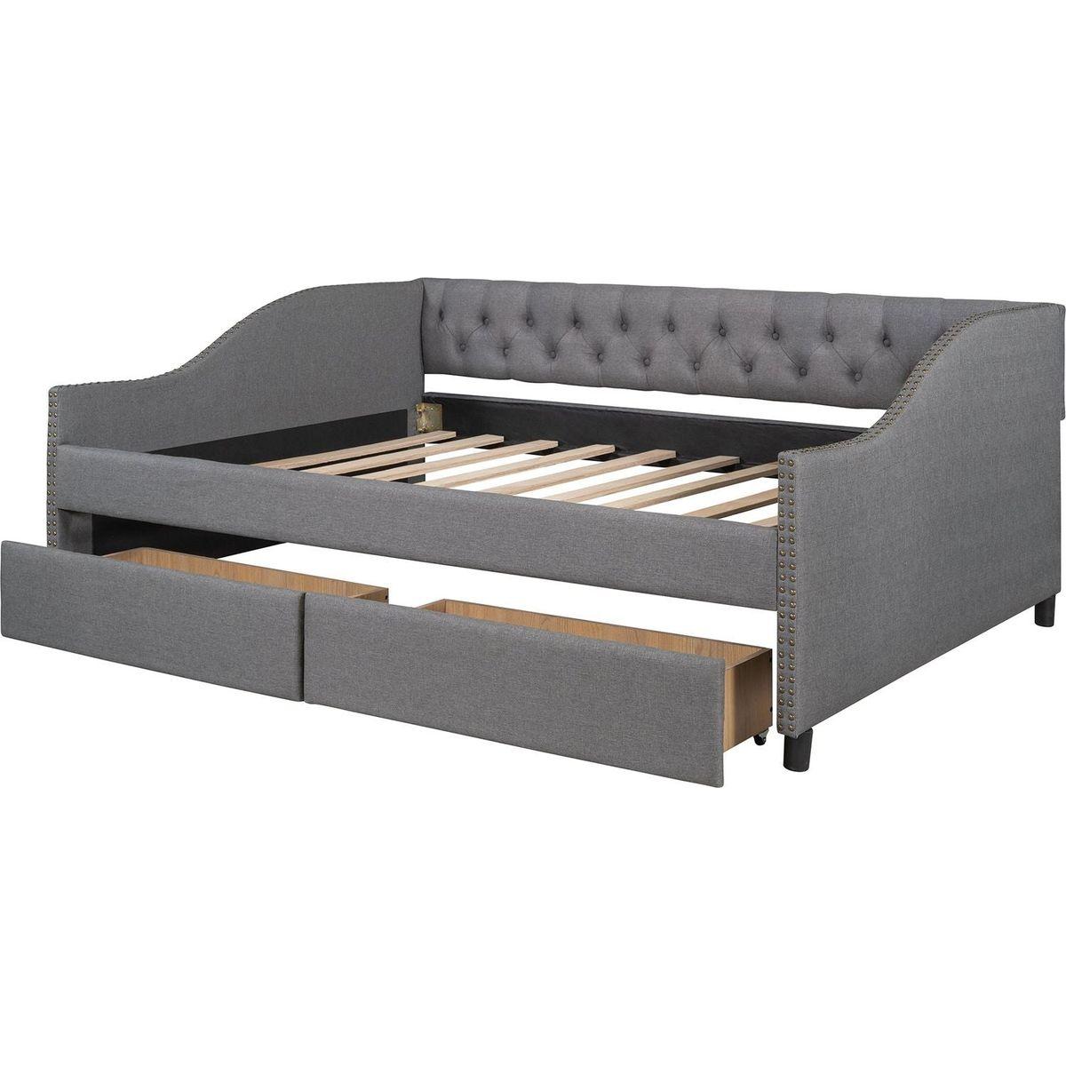 Upholstered daybed with Two Drawers, Wood Slat Support, Gray, Full Size