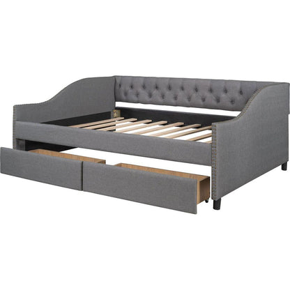 Upholstered daybed with Two Drawers, Wood Slat Support, Gray, Full Size