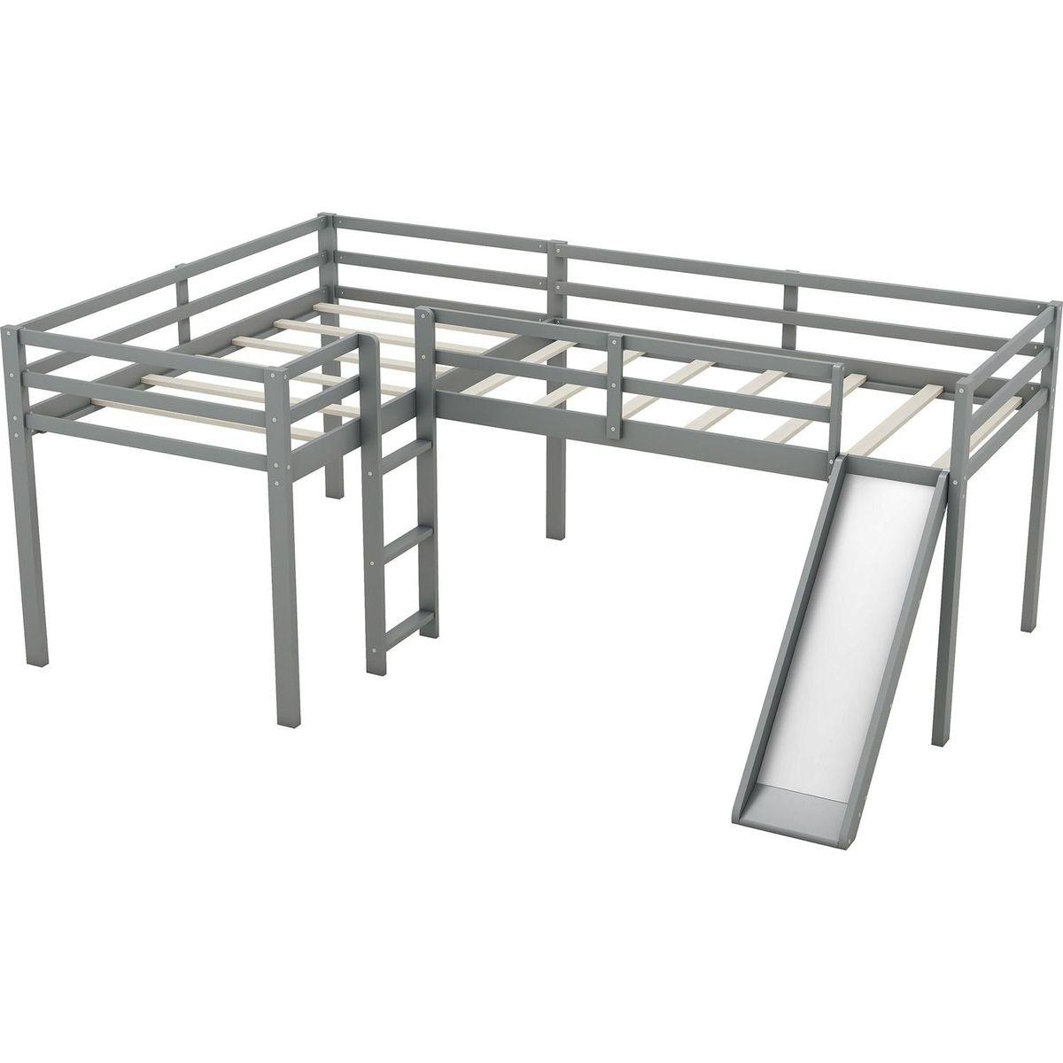L-Shaped Twin Size Loft Bed with Ladder and Slide, Gray