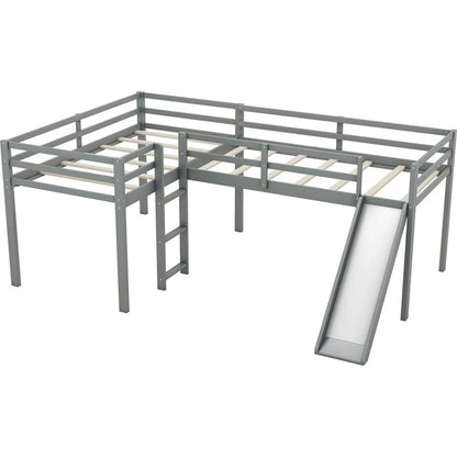L-Shaped Twin Size Loft Bed with Ladder and Slide, Gray