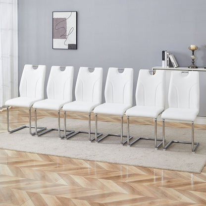 White PU Dining Chair Set.Uniquely designed white dining chairs. PU material, paired with silver metal chair legs. Suitable for offices, restaurants, kitchens, conference rooms, etc.(Set of 6)