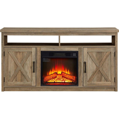 Farmhouse TV Media Stand, Large Barn Inspired Home Entertainment Console, with 18" Fireplace Insert, for TV Up to 65", with Open Shelves and Closed Cabinets, Gray Wash 57.87x15.75x30.31