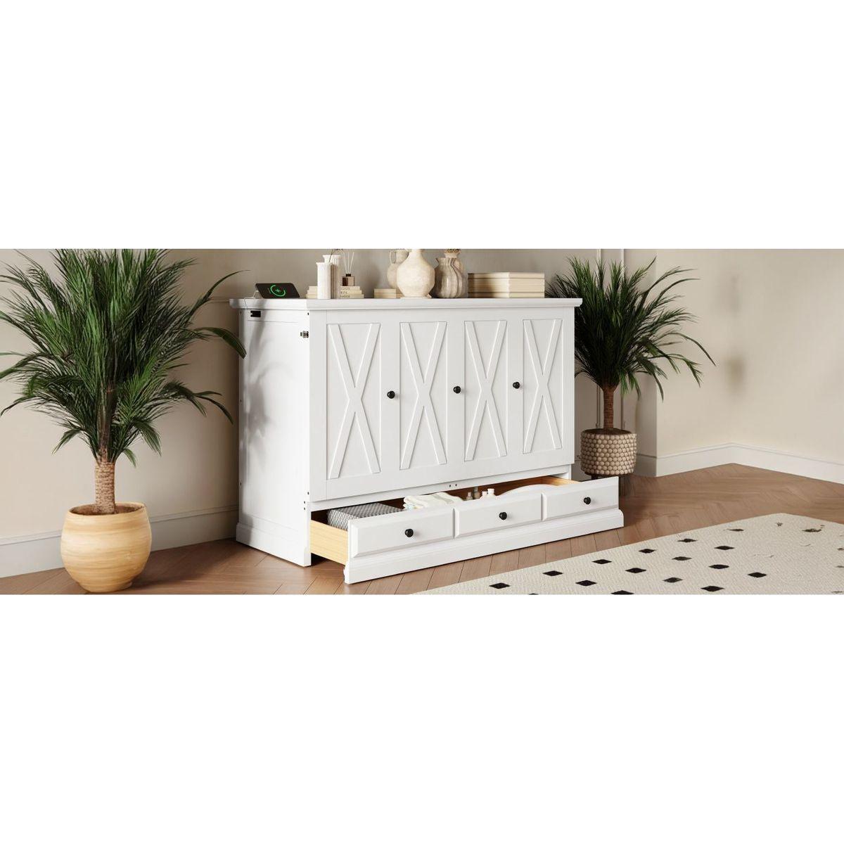 Solid Pine Murphy Bed Chest Cube Cabinet Bed with Charging Station and Large Storage Drawer for Home Office or Small Room,Full,White