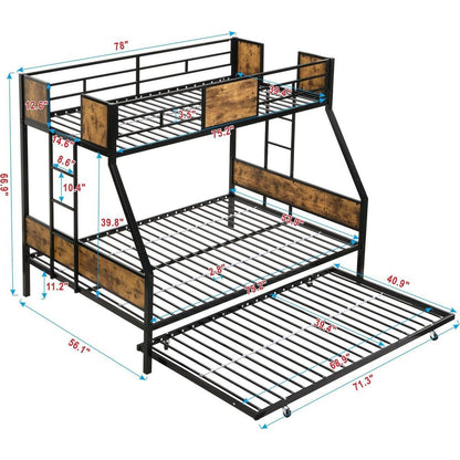 Twin Over FULL Metal Bunk Bed with Trundle 2 - Side Ladder and Full-Length Guardrail, No Box Spring Needed, Large Under Bed Storage, Easy Assemble, Black & Brown