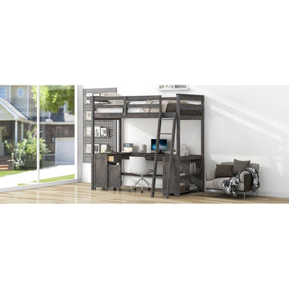 Twin Size Loft Bed with U-shaped Desk, Drawers and Storage Shelves, Antique Brown