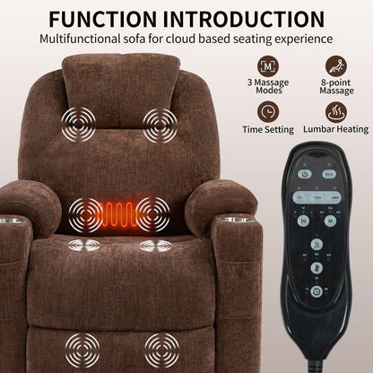 Okin motor Up to 350 LBS Chenille Power Lift Recliner Chair, Heavy Duty Motion Mechanism with 8-Point Vibration Massage and Lumbar Heating, USB and Type-C Ports, Stainless Steel Cup Holders, Brown